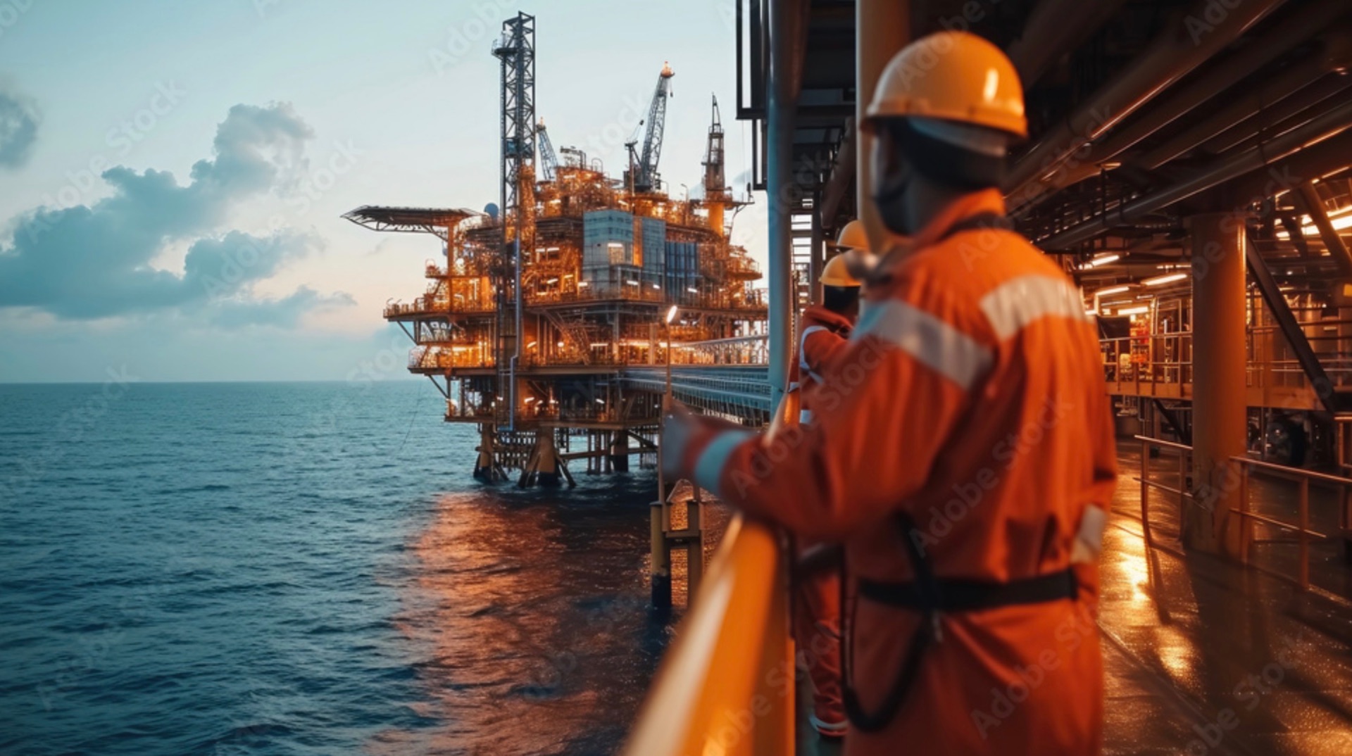 Offshore oil platform at dusk